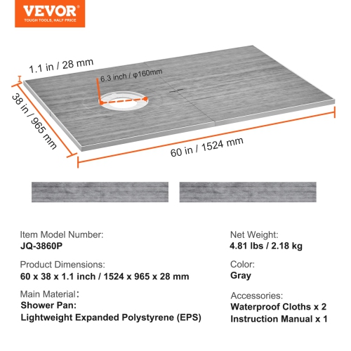 VEVOR 60"x38" Shower Curb Kit, Shower Pan Kit with 6.3" Offset Drain, Lightweight EPS Shower Installation Kits with 2 Waterproof Cloths, Shower Pan