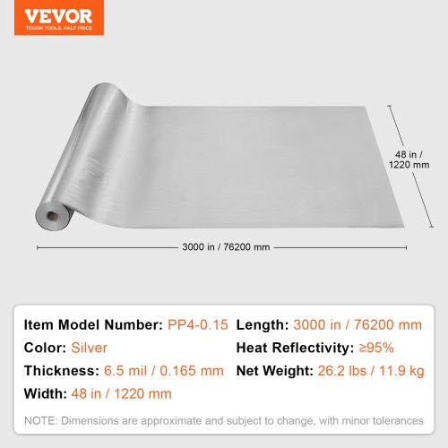 VEVOR 6.5 Mil Double Reflective Insulation Roll, Woven Fabric Radiant Barrier, 48 in x 250 ft, Aluminum Foil PE Woven Cloth Heat Reflective Shield,
