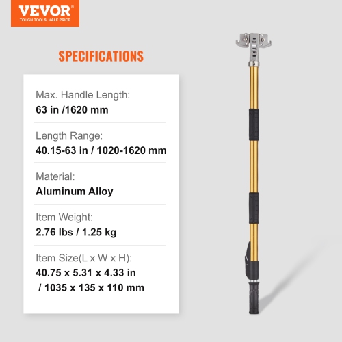 VEVOR 40''-64'' Drywall Flat Box Handle, Anodized Aluminum Flat Finishing Extension Handle, 5-Section Length Adjustable, Non-slip Grip and 360°