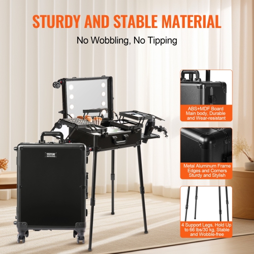 VEVOR 4 Trays Makeup Train Case with Lock, Lighted Mirror, Brush Holder, Travel Cosmetic Organizer Box w/ Swivel Wheels, Professional Artist Trolley