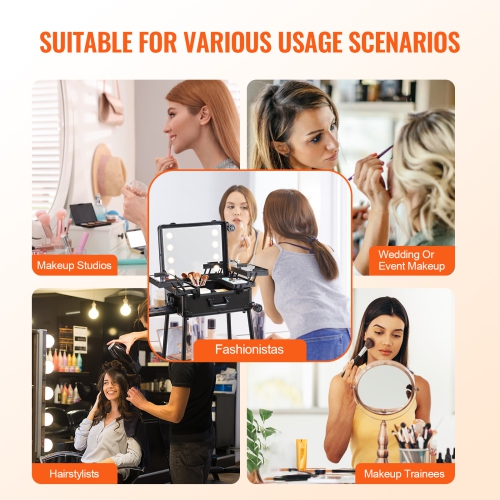 VEVOR 4 Trays Makeup Train Case with Lock, Lighted Mirror, Brush Holder, Travel Cosmetic Organizer Box w/ Swivel Wheels, Professional Artist Trolley