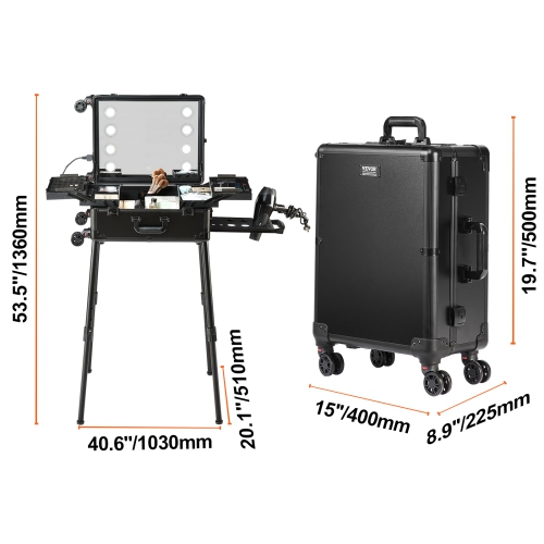 VEVOR 4 Trays Makeup Train Case with Lock, Lighted Mirror, Brush Holder, Travel Cosmetic Organizer Box w/ Swivel Wheels, Professional Artist Trolley