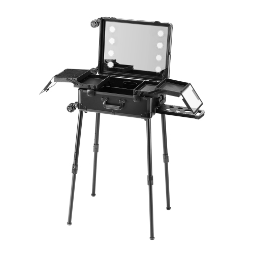 VEVOR 4 Trays Makeup Train Case with Lock, Lighted Mirror, Brush Holder, Travel Cosmetic Organizer Box w/ Swivel Wheels, Professional Artist Trolley