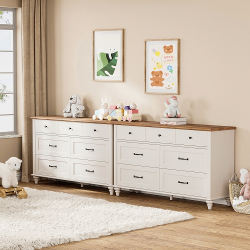 WAMPAT White Dresser Set with 14 Drawers for Bedroom, 2-in-1 Kids Dresser for Nursery Kids Room, Mid Century Modern Chests & Dressers, Wide Organizer