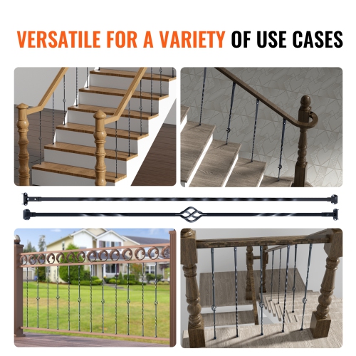 VEVOR 44'' x 1/2" Staircase Metal Balusters,Galvanized Steel Decorative Banister Spindles, 10 Pack Deck Baluster with Hollow Single Baskets, Spiral