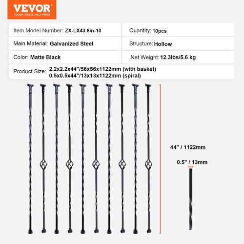 VEVOR 44'' x 1/2" Staircase Metal Balusters,Galvanized Steel Decorative Banister Spindles, 10 Pack Deck Baluster with Hollow Single Baskets, Spiral