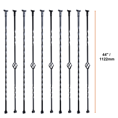 VEVOR 44'' x 1/2" Staircase Metal Balusters,Galvanized Steel Decorative Banister Spindles, 10 Pack Deck Baluster with Hollow Single Baskets, Spiral
