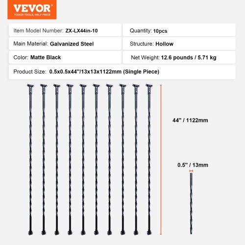 VEVOR 44'' x 1/2" Staircase Metal Balusters, Galvanized Steel Decorative Banister Spindles, 10 Pack Deck Baluster with Hollow Twists,Black Spiral