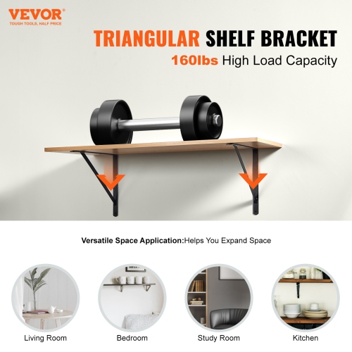 VEVOR 12 x 8 in Shelf Bracket, 10 Pcs,Floating Shelf Brackets,Brackets for Shelves,3mm Thick Matte Black Triangle Shelf Bracket,Steel Shelving