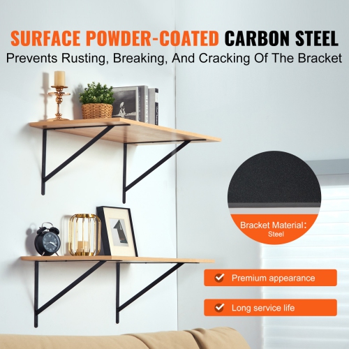 VEVOR 12 x 8 in Shelf Bracket, 10 Pcs,Floating Shelf Brackets,Brackets for Shelves,3mm Thick Matte Black Triangle Shelf Bracket,Steel Shelving