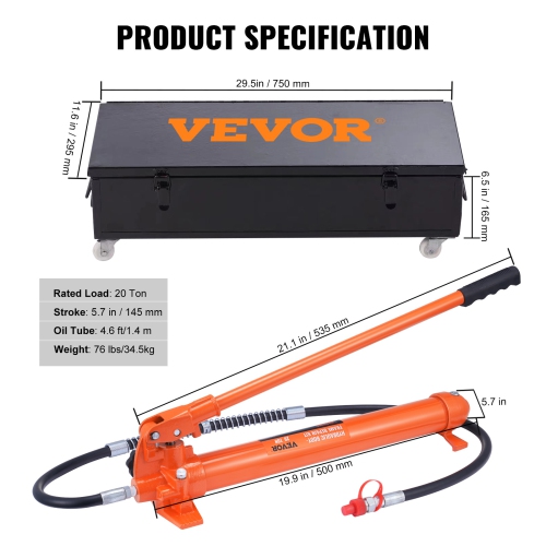 VEVOR 20 Ton Porta Power Kit, Portable Hydraulic Jack with 4.6 ft/1.4 m Oil Hose, Car Frame Repair Tool with Storage Case for Automotive, Heavy