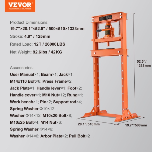 VEVOR 12 Ton Hydraulic Shop Press, H-Frame Hydraulic Garage/Shop Floor Press, Adjustable Shop Press with Press Plates, Heavy Duty Hydraulic Press for