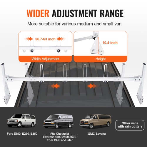 VEVOR 59" Trailer Ladder Rack, Adjustable Roof Rack, 3 Crossbars Van Roof Ladder Rack with Straps, 800 lbs Capacity, Fit for Chevrolet Express 1500
