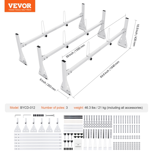 VEVOR 59" Trailer Ladder Rack, Adjustable Roof Rack, 3 Crossbars Van Roof Ladder Rack with Straps, 800 lbs Capacity, Fit for Chevrolet Express 1500