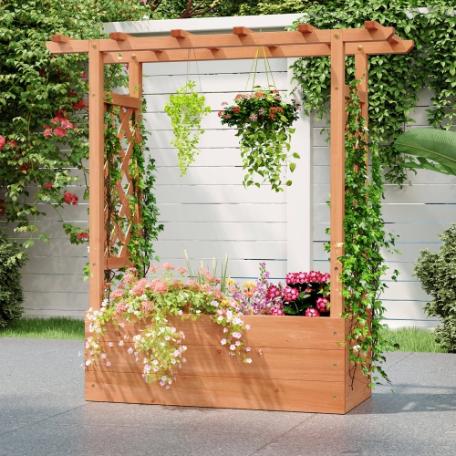 Costway 1/2 PCS Wooden Raised Garden Bed with Trellis & Hanging Roof Drainage Elevated Planter Box