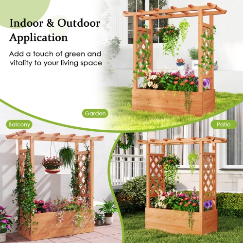 Costway 1/2 PCS Wooden Raised Garden Bed with Trellis & Hanging Roof Drainage Elevated Planter Box