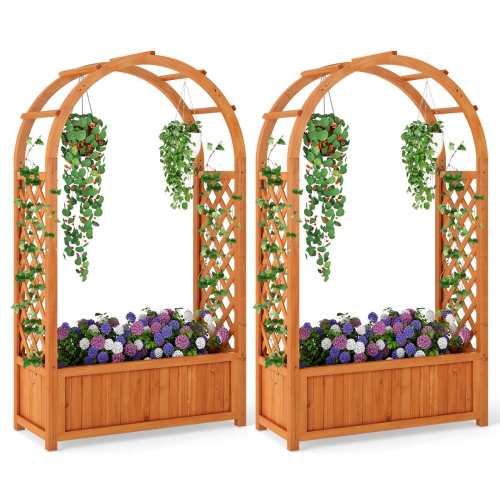 COSTWAY  1/2 PCs Raised Garden Bed Wooden Elevated Planter Box With Lattice Trellis & Ached Roof