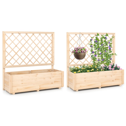 Costway 1/2 PCS 40" Wooden Raised Garden Bed with Lattice Trellis for Climbing Vine Flower