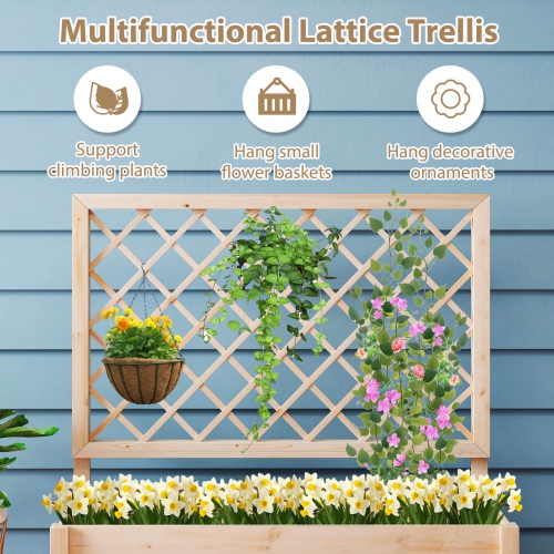 Costway 1/2 PCS 40" Wooden Raised Garden Bed with Lattice Trellis for Climbing Vine Flower