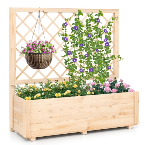 Costway 1/2 PCS 40" Wooden Raised Garden Bed with Lattice Trellis for Climbing Vine Flower
