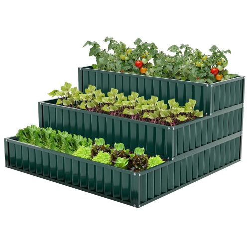 COSTWAY  1 PCs 3-Tier Raised Garden Bed, 47" X 47" X 24" Metal Outdoor Elevated Planter Box In Green