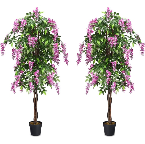 Costway 2 PCS 6 FT Artificial Wisteria Silk Tree Pink Flower Indoor-Patio Home
