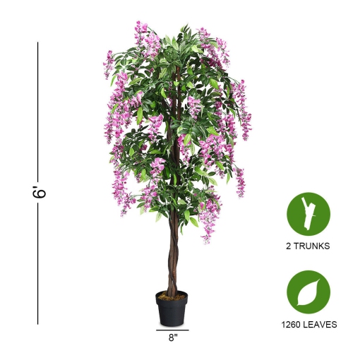 Costway 2 PCS 6 FT Artificial Wisteria Silk Tree Pink Flower Indoor-Patio Home