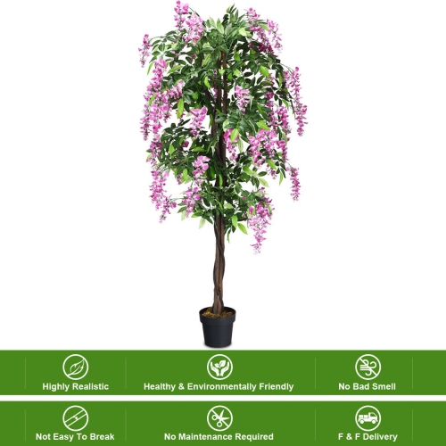 Costway 2 PCS 6 FT Artificial Wisteria Silk Tree Pink Flower Indoor-Patio Home