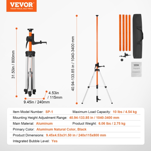VEVOR 40.94-133.85 inch Height Laser Level Tripod, 1/4"-20 & 5/8"-11 Thread Mount,with Level Bubble & Heavy-duty Stand,Extendable Pole Lightweight