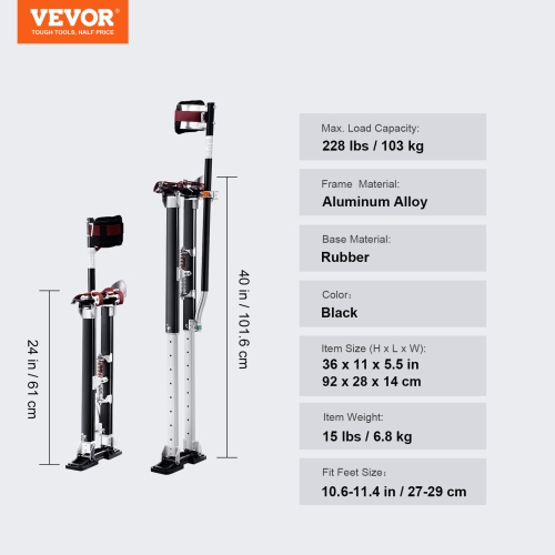 VEVOR 24''-40'' Drywall Stilts, Adjustable Aluminum Tool Stilts with Protective Knee Pads, Durable and Non-slip Work Stilts for Sheetrock Painting,