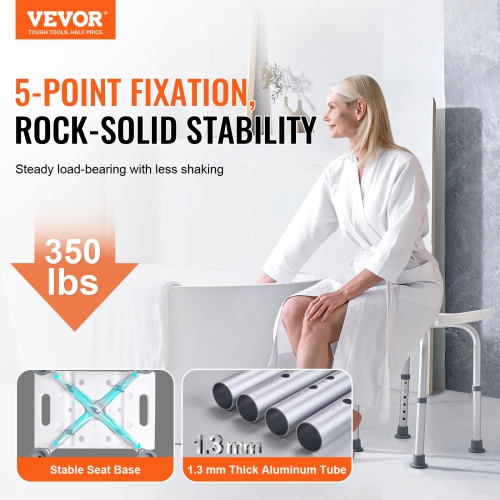 VEVOR 158.8 kg Capacity Adjustable Height Shower Stool with Built-in Handles, Shower Seat for Inside Shower or Tub, Non-Slip Bench Bathtub Stool Seat