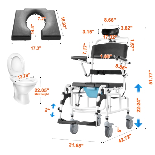 VEVOR 17.5in Width Shower Wheelchair, Aluminum Alloy Bathroom Wheelchair for Inside Shower, Adjustable Rolling Shower Chair w/ Brake, 300 lbs