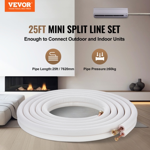 VEVOR 25FT Mini Split Line Set, 1/4" & 1/2" O.D Copper Pipes Tubing and Triple-Layer Insulation, for Air Conditioning or Heating Pump Equipment & HVAC