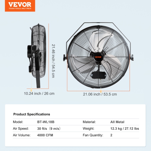 VEVOR 2 PCS Wall Mount Fan,18 inch Waterproof, 3-speed High Velocity Max. 4000 CFM Wall Fan for