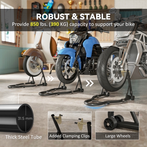 HOMCOM Motorcycle Stand Lift, 850 lbs Capacity Front & Rear Combo Wheel Paddock Lift Stand with Adjustable U+L Fork Swingarm Spool, Wheels, Clamping