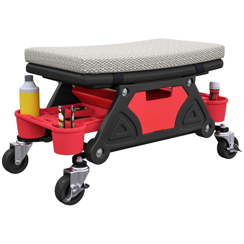HOMCOM  Rolling Mechanic Stool, 300 Lbs Capacity Garage Stool w Wheels, Padded Creeper Shop Seat w 2 Pull Out Tool Trays And 1 Storage Drawer For