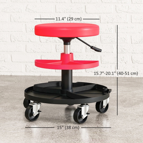 HOMCOM Rolling Mechanic Stool, 300 LBS Capacity Garage Stool with 2.5" Wheels, Adjustable Height 15.7"-20", Heavy Duty Padded Creeper Shop Seat with