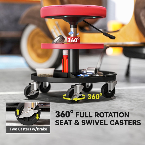 HOMCOM Rolling Mechanic Stool, 300 LBS Capacity Garage Stool with 2.5" Wheels, Adjustable Height 15.7"-20", Heavy Duty Padded Creeper Shop Seat with