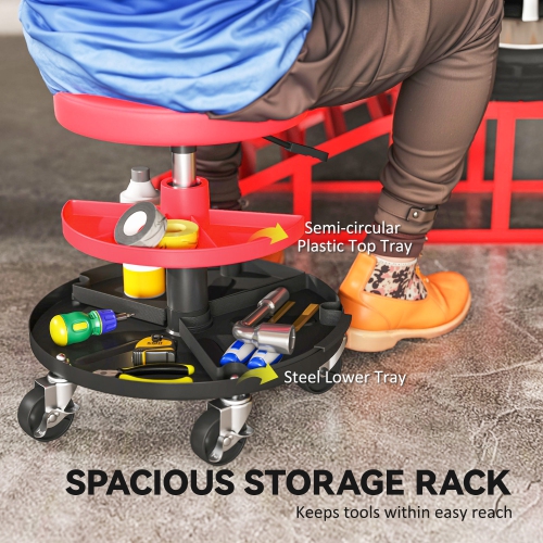 HOMCOM Rolling Mechanic Stool, 300 LBS Capacity Garage Stool with 2.5" Wheels, Adjustable Height 15.7"-20", Heavy Duty Padded Creeper Shop Seat with