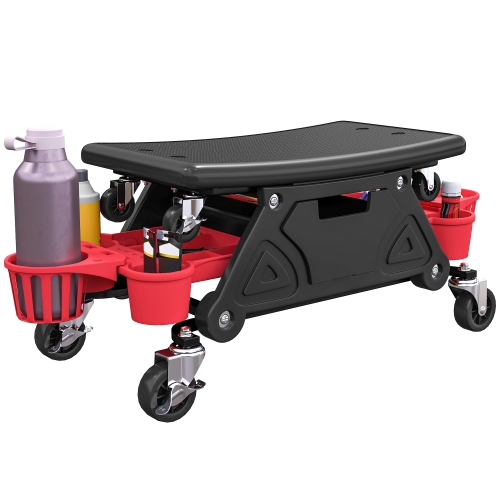 HOMCOM Rolling Mechanic Stool, 300 LBS Capacity Garage Stool with Wheels, Creeper Shop Seat with 2 Slide Tool Trays, 1 Storage Drawer, 2 Bottle