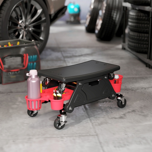 HOMCOM Rolling Mechanic Stool, 300 LBS Capacity Garage Stool with Wheels, Creeper Shop Seat with 2 Slide Tool Trays, 1 Storage Drawer, 2 Bottle