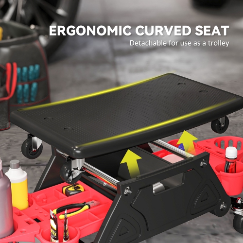 HOMCOM Rolling Mechanic Stool, 300 LBS Capacity Garage Stool with Wheels, Creeper Shop Seat with 2 Slide Tool Trays, 1 Storage Drawer, 2 Bottle