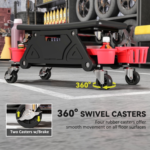 HOMCOM Rolling Mechanic Stool, 300 LBS Capacity Garage Stool with Wheels, Creeper Shop Seat with 2 Slide Tool Trays, 1 Storage Drawer, 2 Bottle