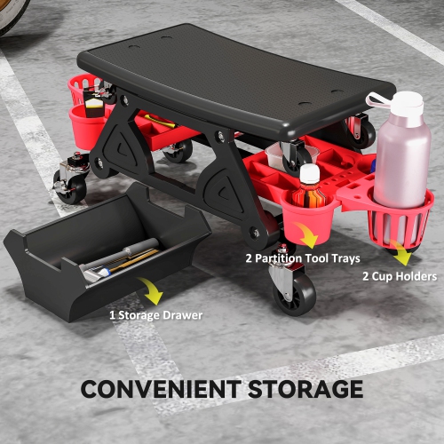 HOMCOM Rolling Mechanic Stool, 300 LBS Capacity Garage Stool with Wheels, Creeper Shop Seat with 2 Slide Tool Trays, 1 Storage Drawer, 2 Bottle