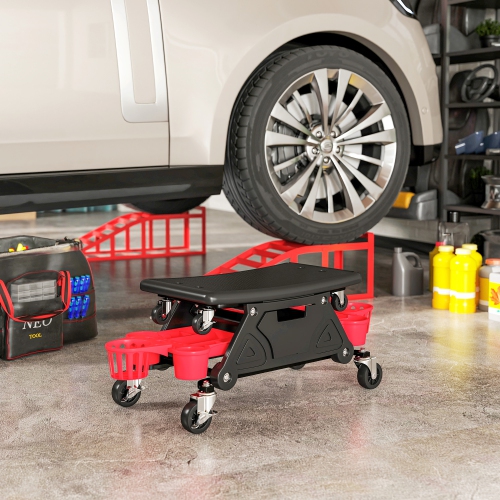 HOMCOM Rolling Mechanic Stool, 300 LBS Capacity Garage Stool with Wheels, Creeper Shop Seat with 2 Slide Tool Trays, 1 Storage Drawer, 2 Bottle