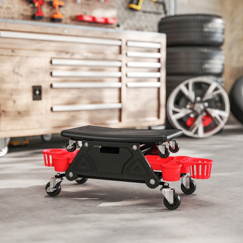 HOMCOM Rolling Mechanic Stool, 300 LBS Capacity Garage Stool with Wheels, Creeper Shop Seat with 2 Slide Tool Trays, 1 Storage Drawer, 2 Bottle