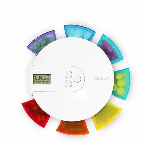 (7-Day) Pill, Medicine, Vitamin Organizer Box | Weekly, Daily Planner | Clock Reminders | Portable