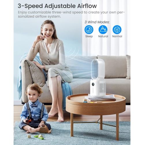 106° Oscillating Fan for Indoors,Bladeless Fan with 3 Speeds, Small Office Fan with LED Light