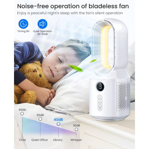 106° Oscillating Fan for Indoors,Bladeless Fan with 3 Speeds, Small Office Fan with LED Light