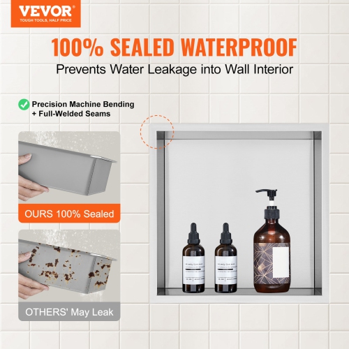 VEVOR 13"x13" No Tile Shower Niche 304 Stainless Steel, Wall-Inserted Niche Recessed Double Shelves, Sealed Waterproof Rust-Resistant Modern Niche